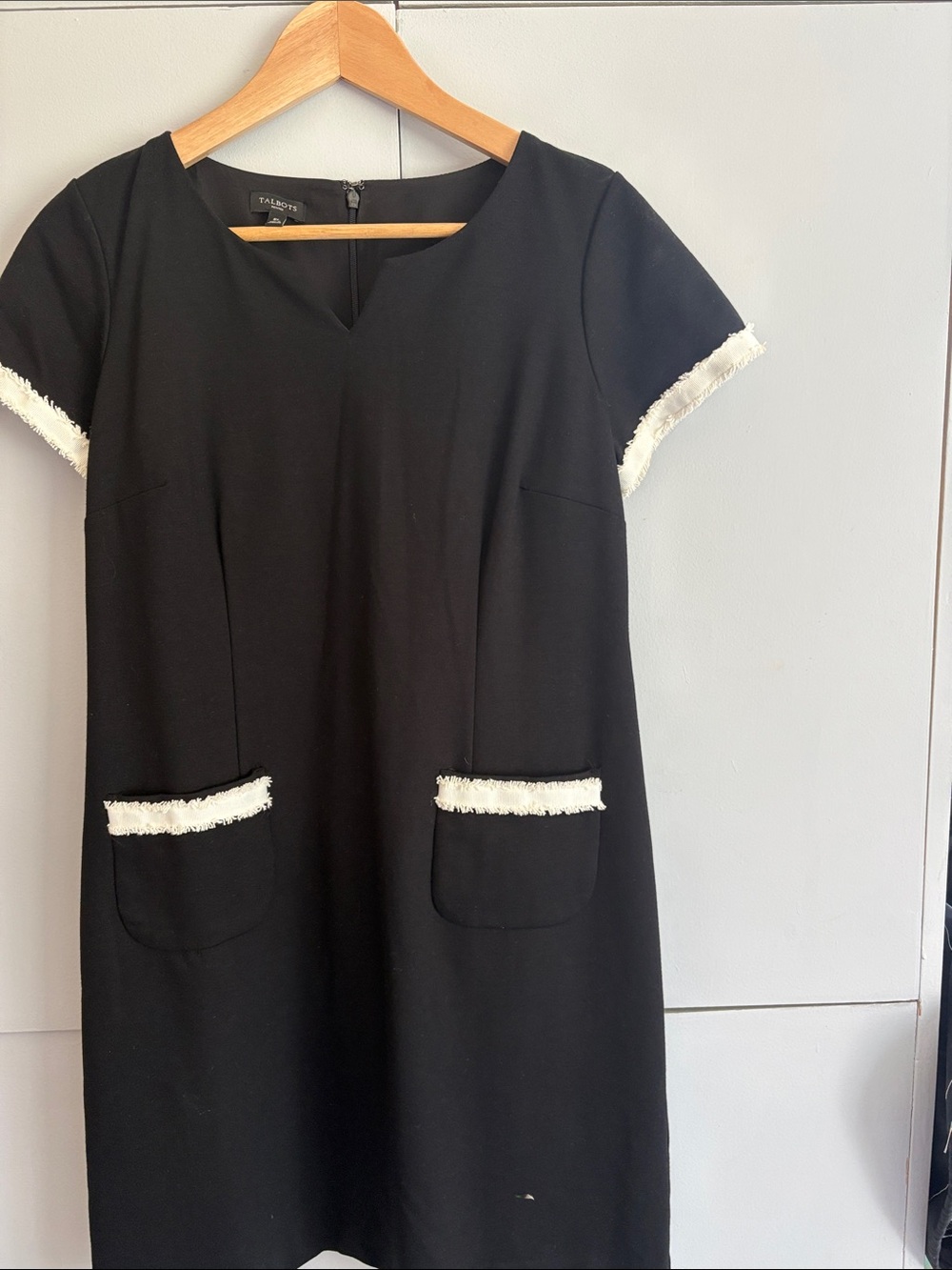 Talbots Black Short Sleeve Shift Dress with White Fringe Trim